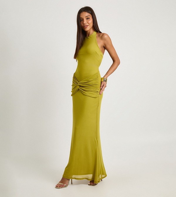 Halterneck Wrap Drape Column Maxi Dress