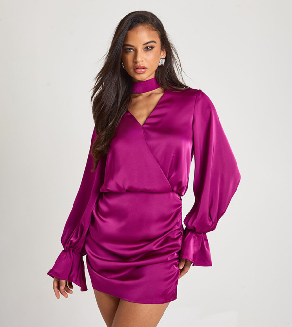 Solid Satin Blouson Wrap Mini Dress