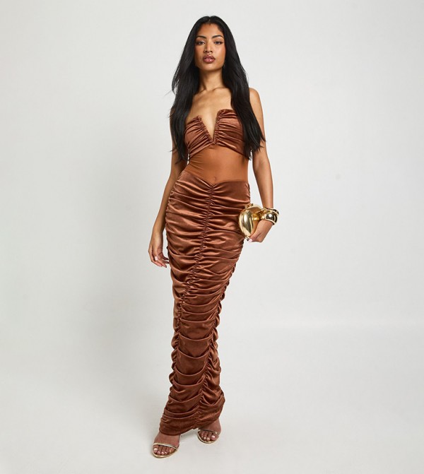 Velvet Mesh Plunge Neck Ruched Maxi Dress