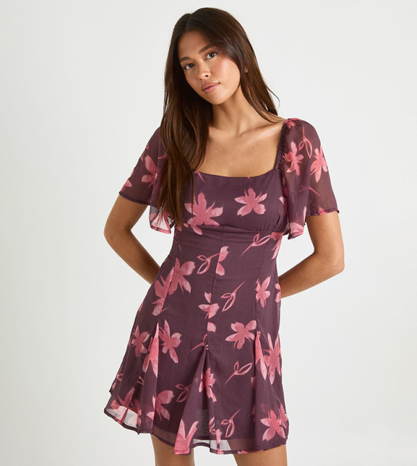 Floral Print Chiffon Square Neck Skater Mini Dress