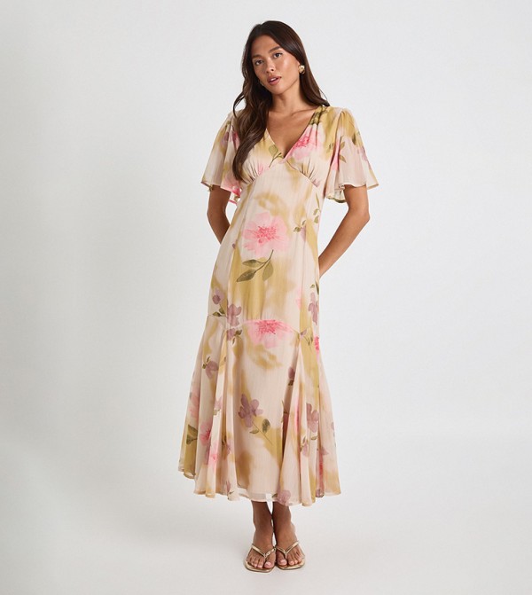 Floral Angel Sleeves Midaxi Dress