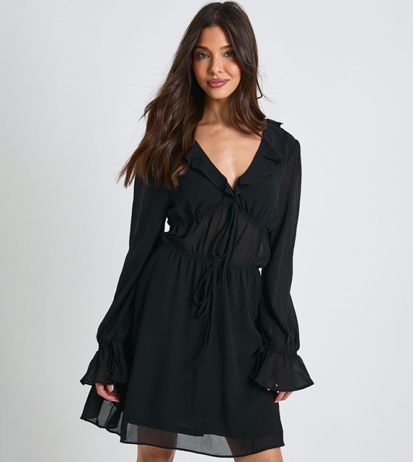 Ruched Long Sleeves Mini Dress with Frill Detail