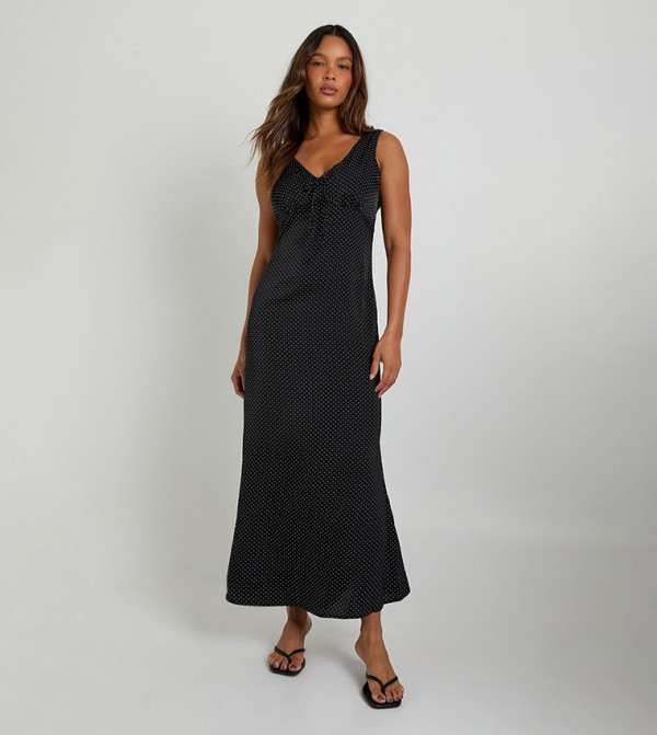 Polka Dot Print V-Neck Maxi Dress