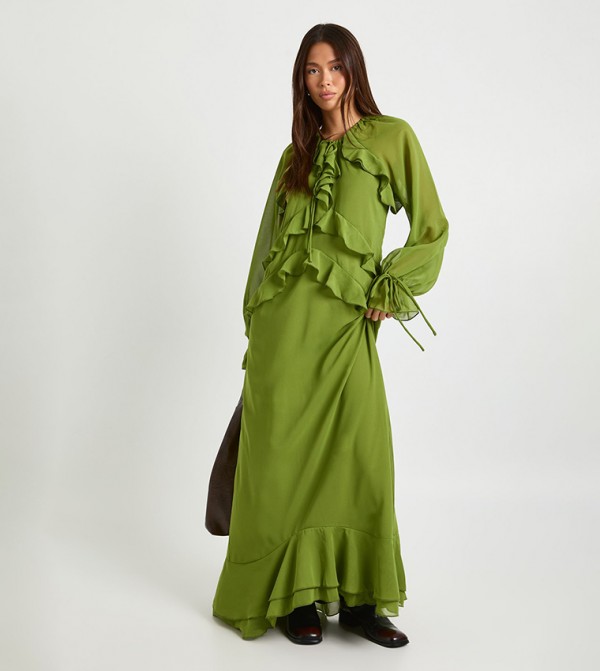 Ruffle Front Smock Maxi Dress