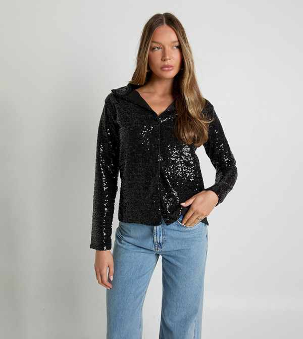 Sequinned Button-Up Long Sleeves Shirt