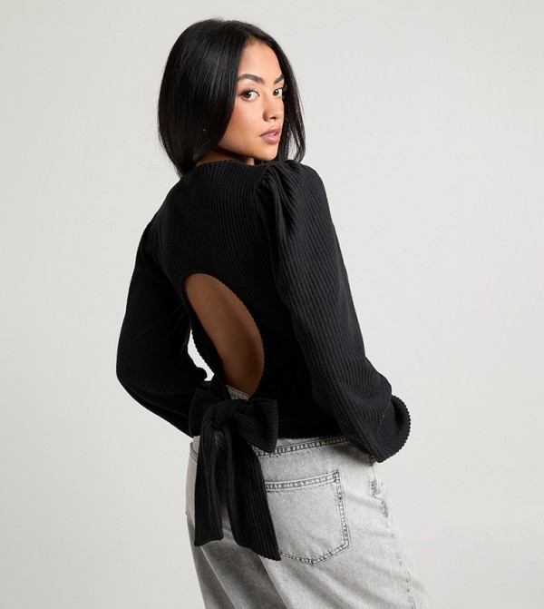 Brushed Rib Tie Back Detail Long Sleeves Top