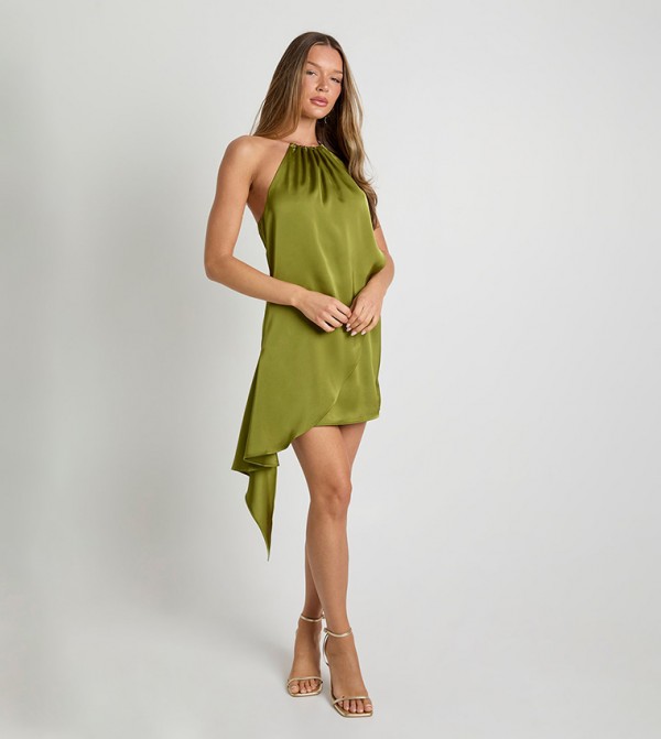 فستان ميني ساتان بياقة هالتر 