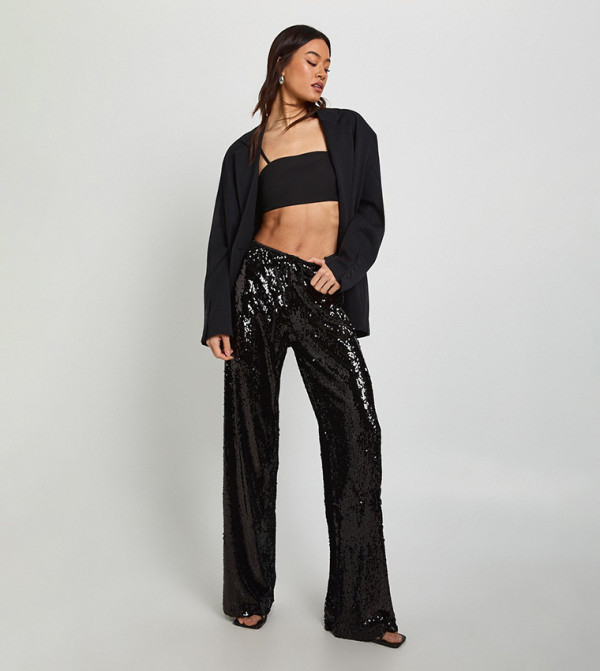 Tall Low Rise Drawcord Waistband Sequined Trousers