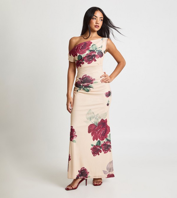 Petite Rose Printed Asymmetric Mesh Maxi Dress