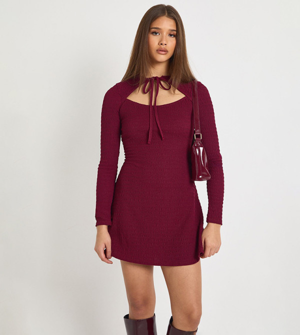 Textured Tie Front Skater Mini Dress