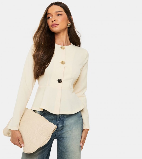 Long Sleeves Gold Button Peplum Blazer