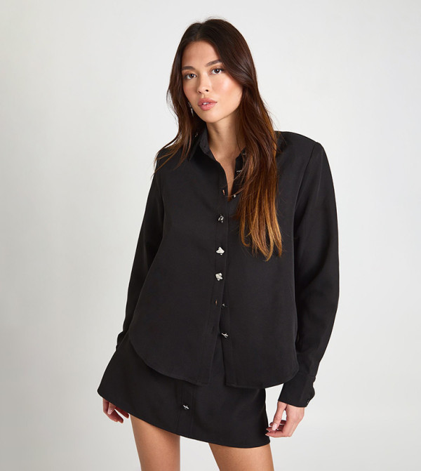 Silver Button Woven Shoulder Pad Shirt
