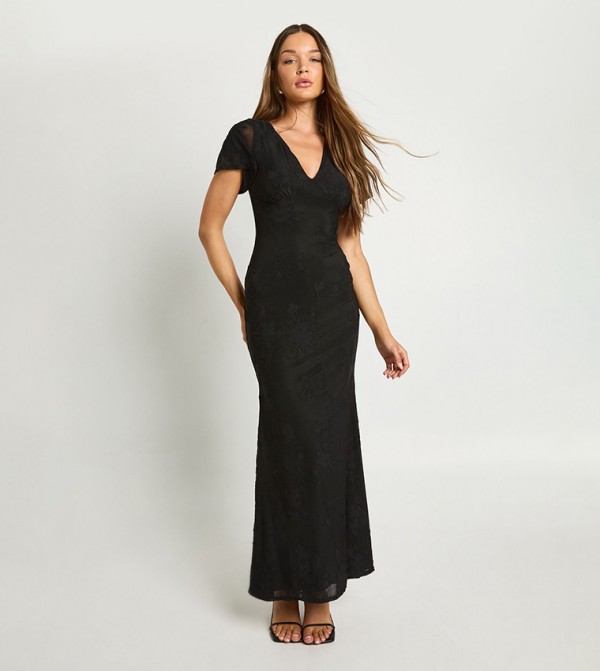 Burnout Floral Short Sleeves Midaxi Dress