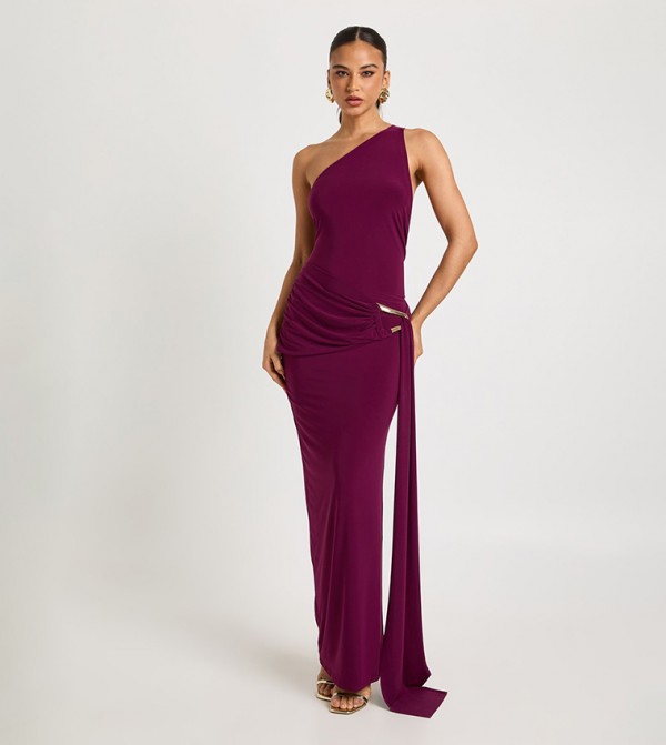 One Shoulder Trim Waist Wrap Maxi Dress