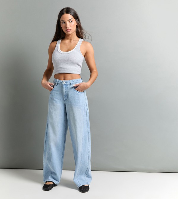Petite Mid Waist Twisted Seam Barrel Leg Jeans