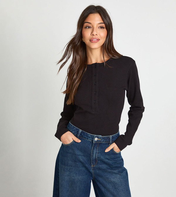 Henley Button Front Long Sleeves Top