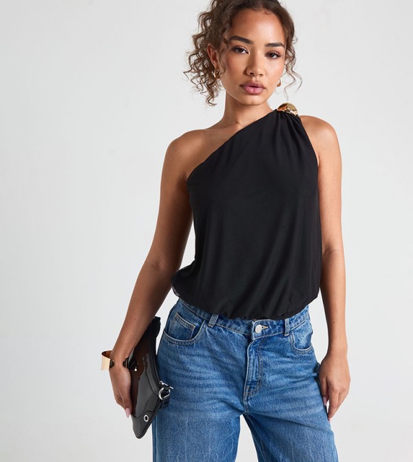 Gold Trim Mesh Off Shoulder Top