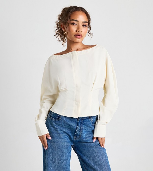 Boat Neck Pleat Waist Top