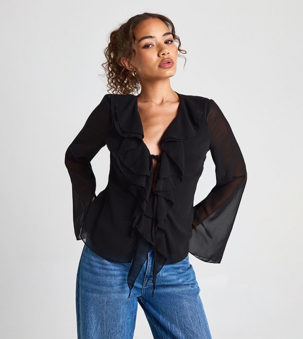 Solid Plunge Tie Front Top