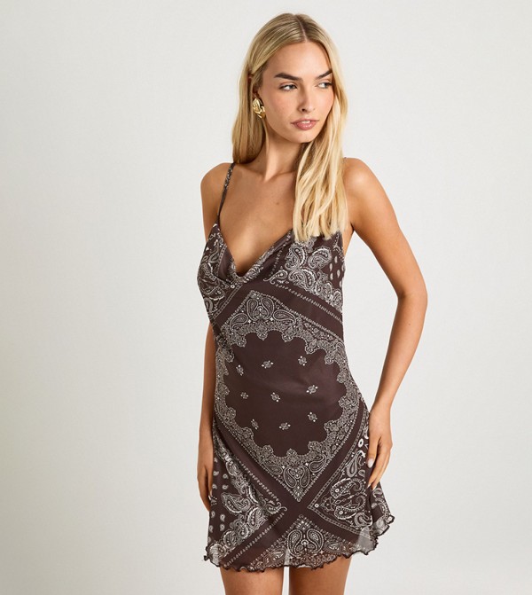 Paisley Printed Mesh Cowl Mini Dress