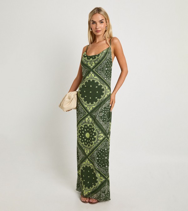 Paisley Printed Mesh Cowl Maxi Dress