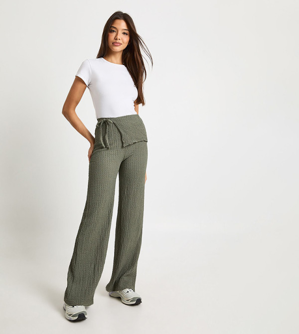 Textured Tie Wrap Waist Straight Fit Trousers