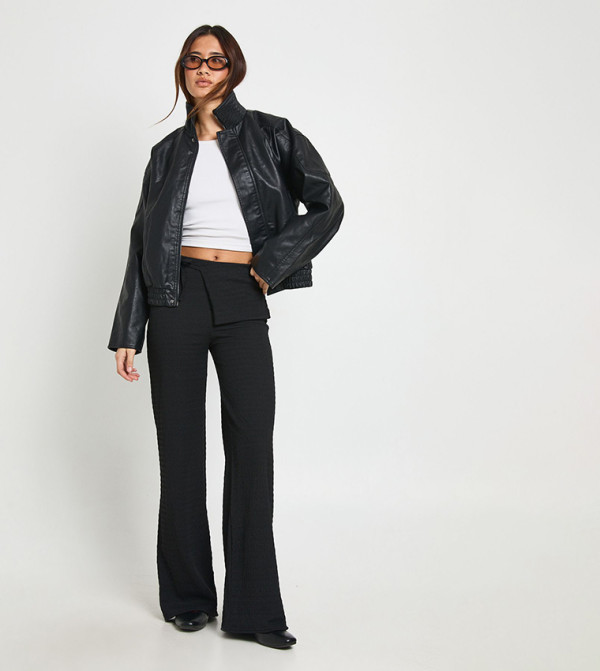 Textured Tie Wrap Waist Straight Fit Trousers
