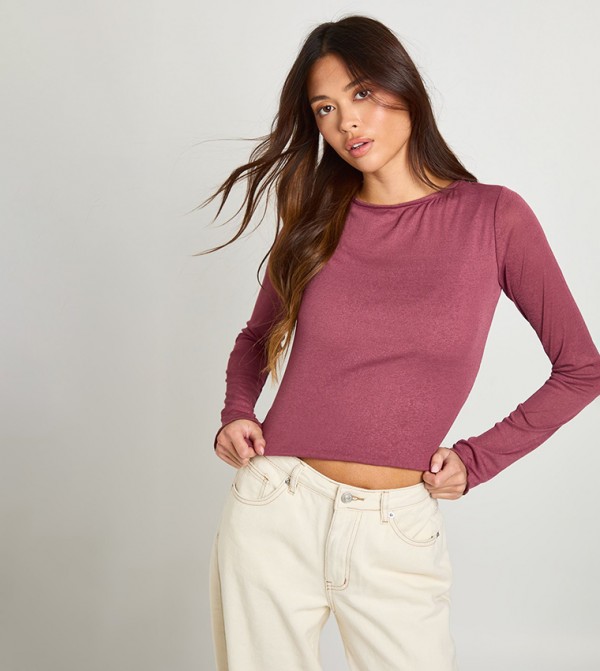 Textured Mesh Long Sleeves Top with Inner Vest Top