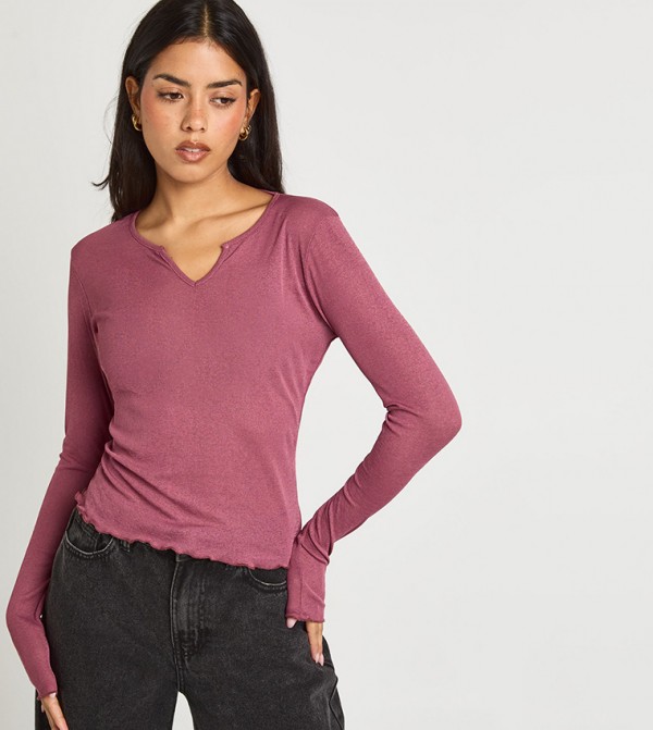 Textured Mesh V-Neck Front Long Sleeves Top