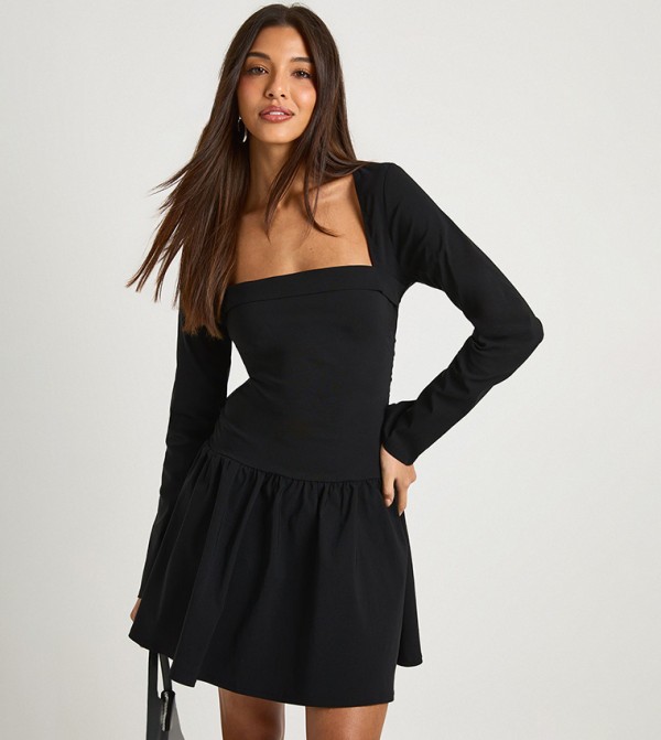 Square Neck Long Sleeves Skater Mini Dress