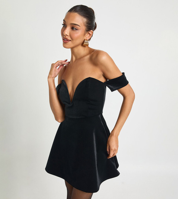 Velvet Bardot Plunge Mini Dress