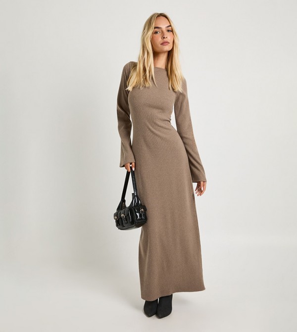 Brushed Ribbed Long Sleeves Maxi Dress