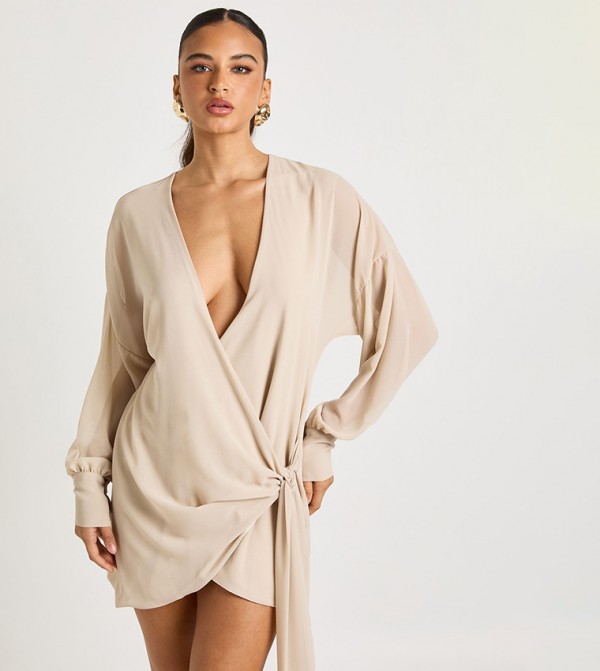 Solid Long Sleeves Wrap Mini Dress