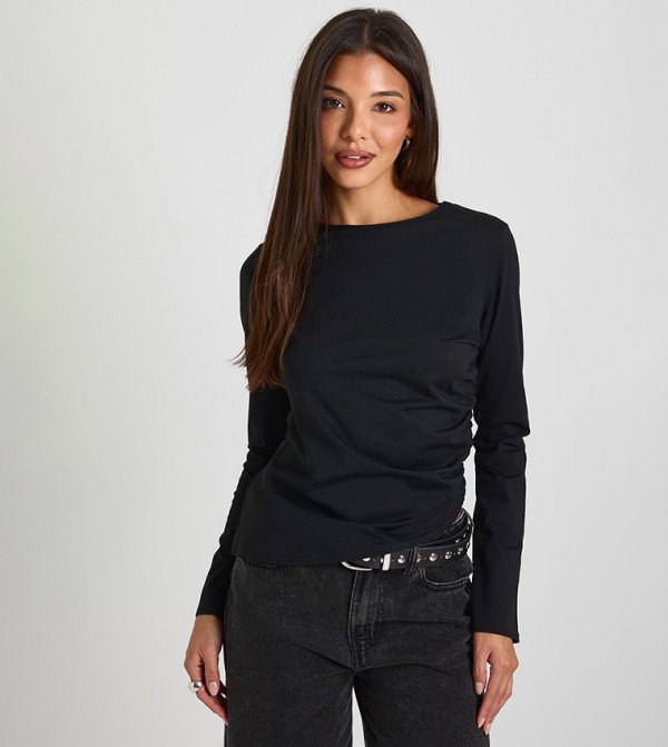 Boat Neck Ruched Asymmetric Top
