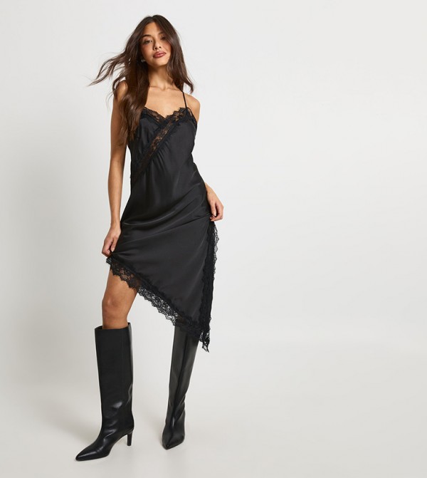 Lace Asymmetric Satin Slip Midi Dress