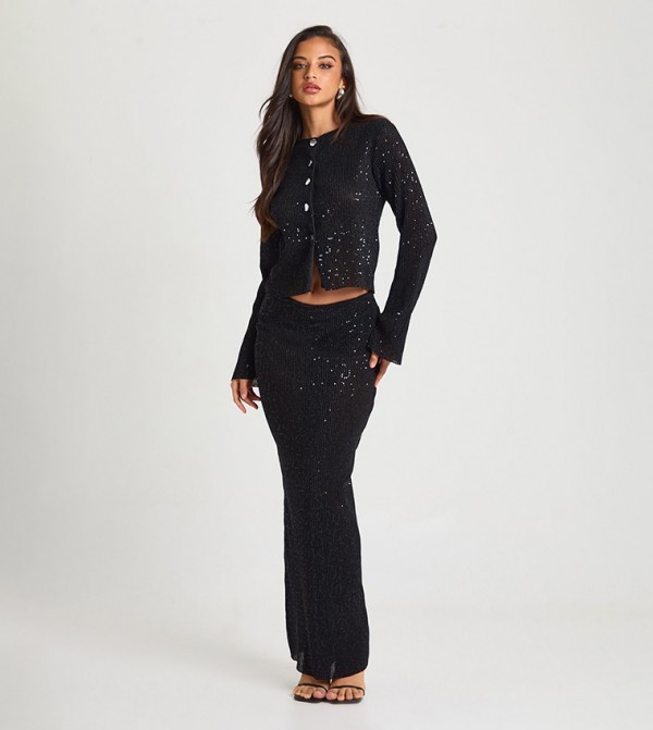 Sequined Rib Column Maxi Skirt