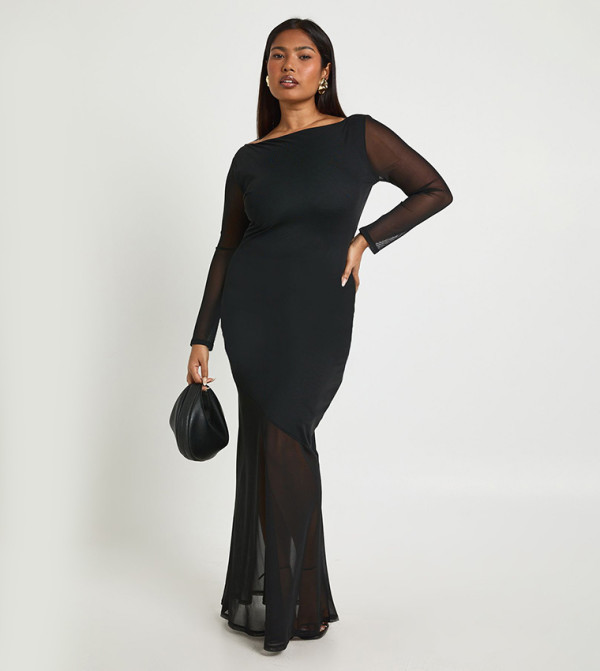 فستان ماكسي بظهر منسدل كم طويل للمقاسات الكبيرة 