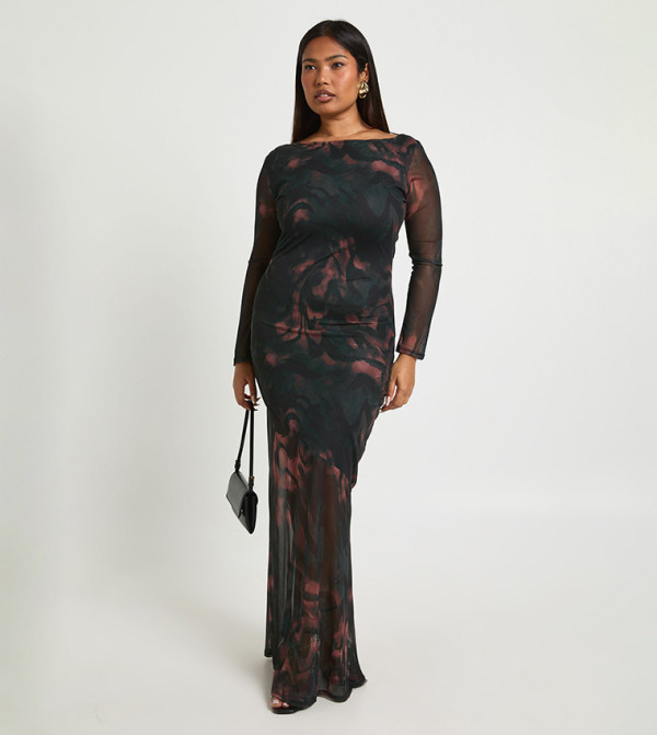 Curve Long Sleeves Mesh Cowl Back Maxi Dress