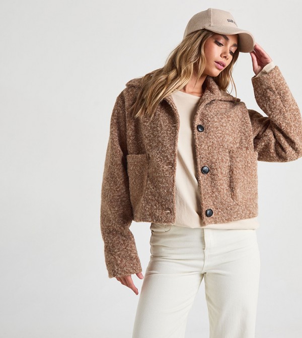 جاكيت شبه صوف بياقة وجيوب أمامية