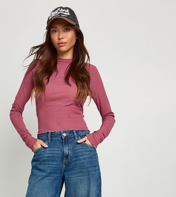 Ribbed Textured Mesh Long Sleeves Top