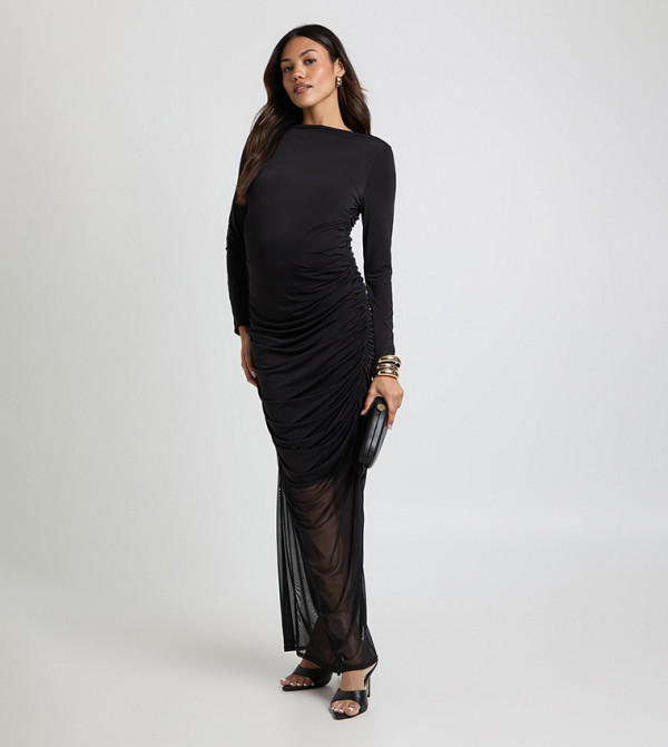 Maternity Ruched Body and Mesh Skirt Maxi Dress