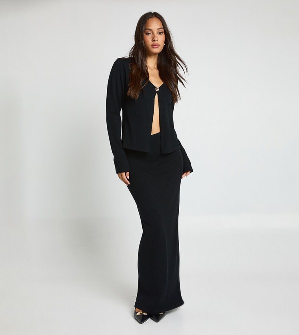 Button Knitted Cardigan and Maxi Skirt Set