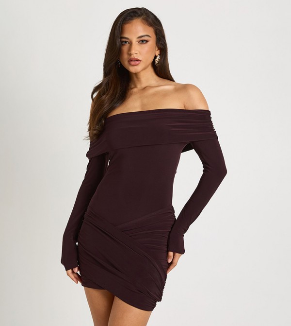 Bardot Drape Detail Long Sleeves Mini Dress