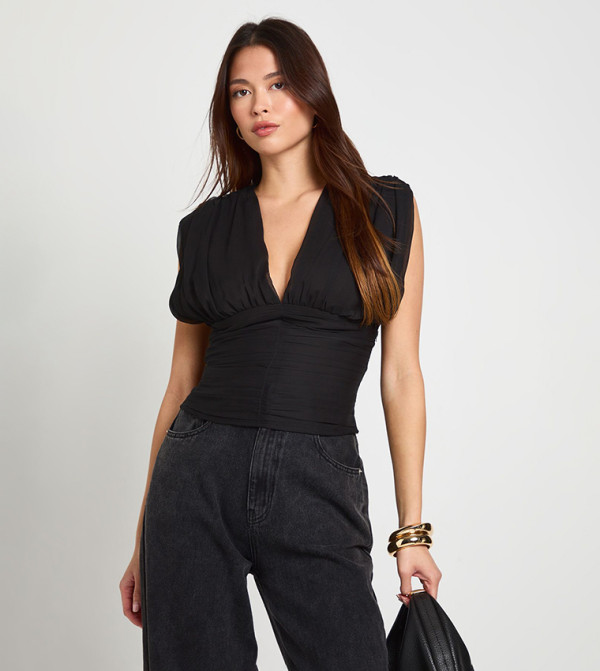 Pleated Chiffon Plunge Sleeveless Top