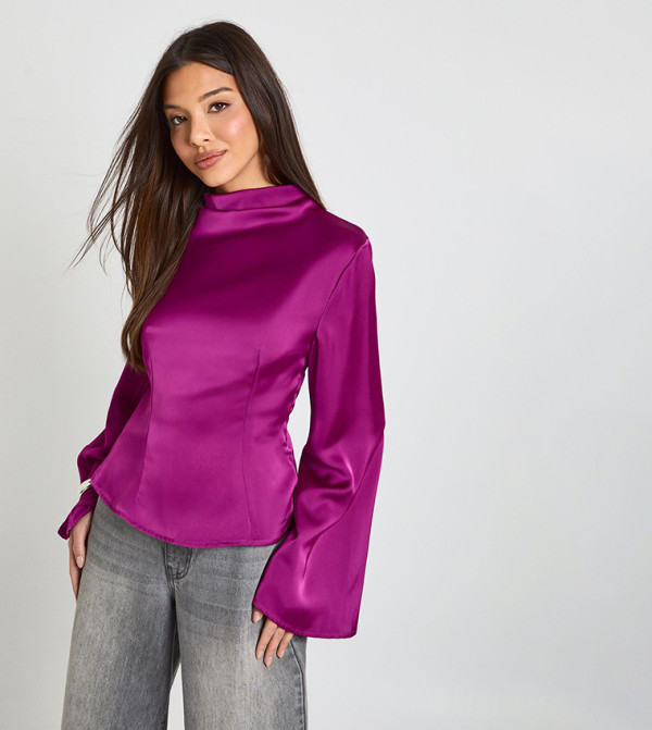 High Cowl Flared Sleeves Satin Top