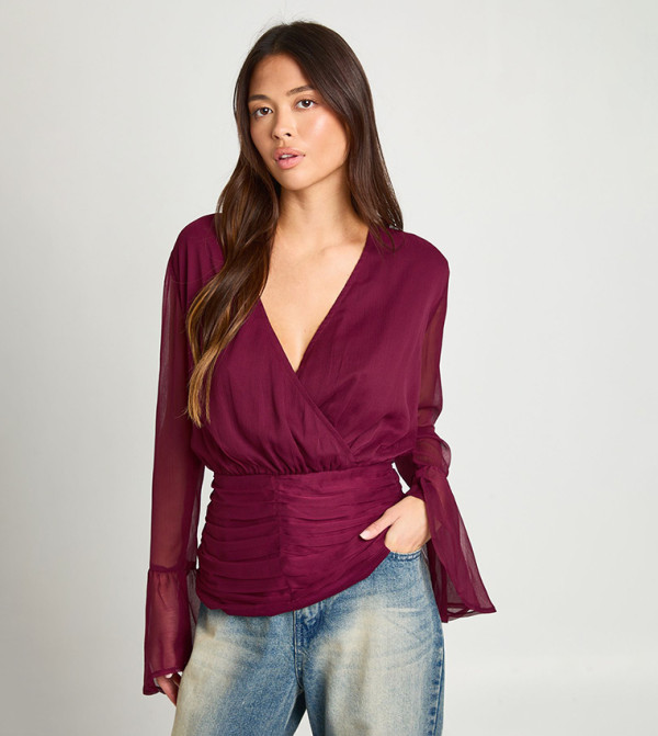 Chiffon Flute Sleeves Wrap Top