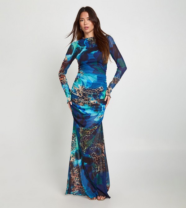 Mixed Animal Printed Ruched Mesh Maxi Dress
