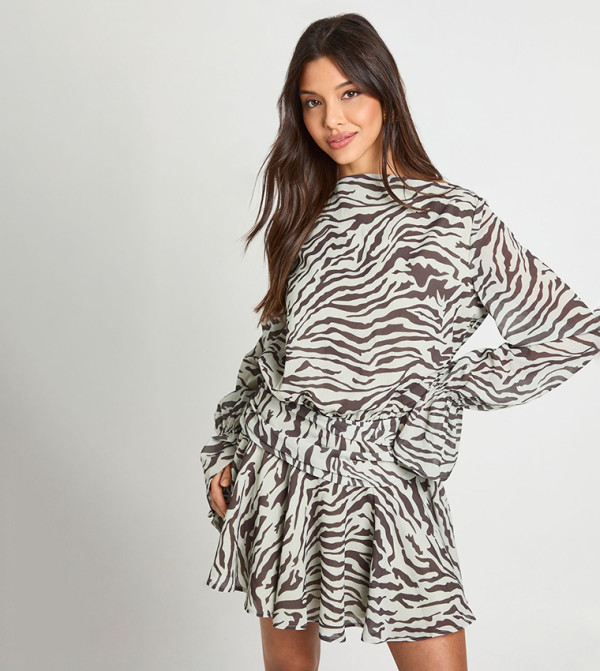 Zebra Printed Slash Neck Smock Mini Dress