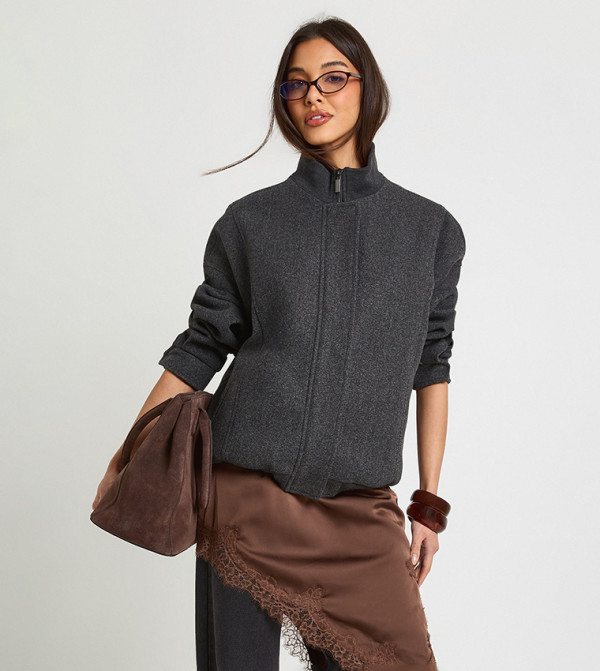 Funnel Neck Wool Look Bomber Jacket