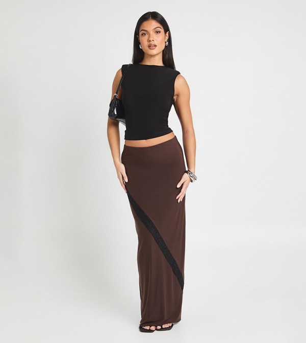Double Layer Slinky Lace Trim Midi Skirt
